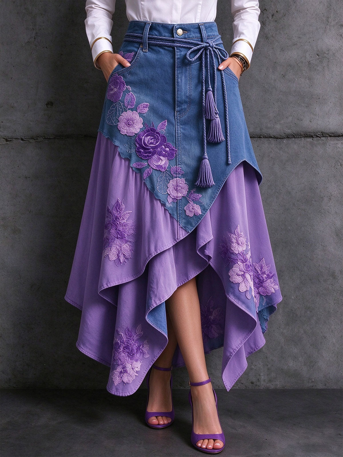 Women Denim Purple Chiffon Patchwork Floral Embroidery Asymmetrical Skirt