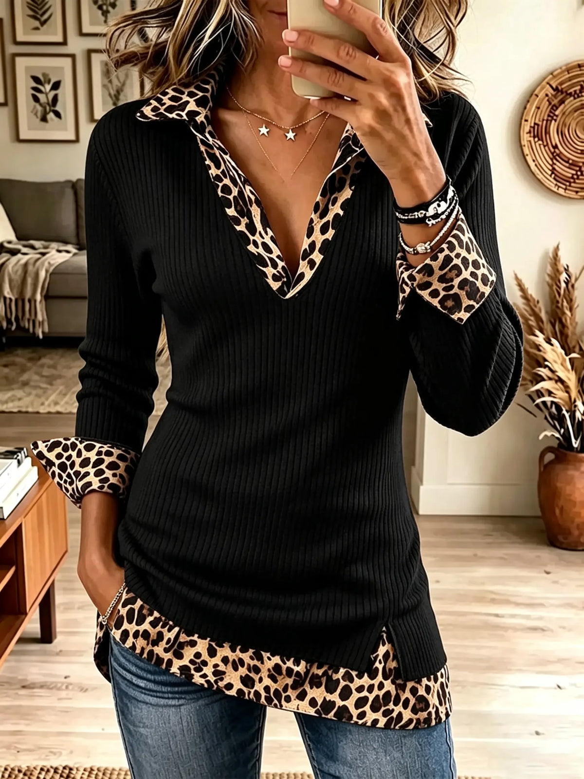 Women's Leopard Contrast Trim Ribbed Knit Polo Top