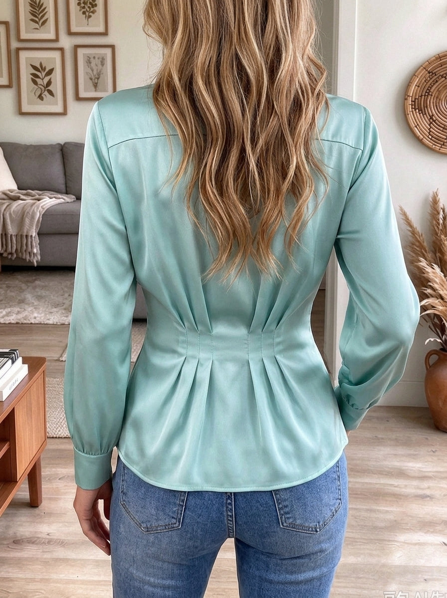Women's Mint Green Satin V-Neck Pleated Peplum Long Sleeve Blouse