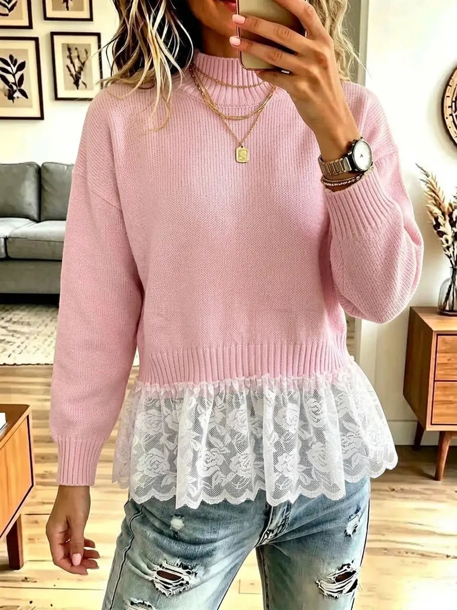 Vintage Floral Lace Patchwork Art Casual Stylish Long Sleeve Knitted Sweater