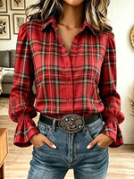 Retro Plaid Pattern Art Print Casual Stylish Long Sleeve Cotton Linen Shirt