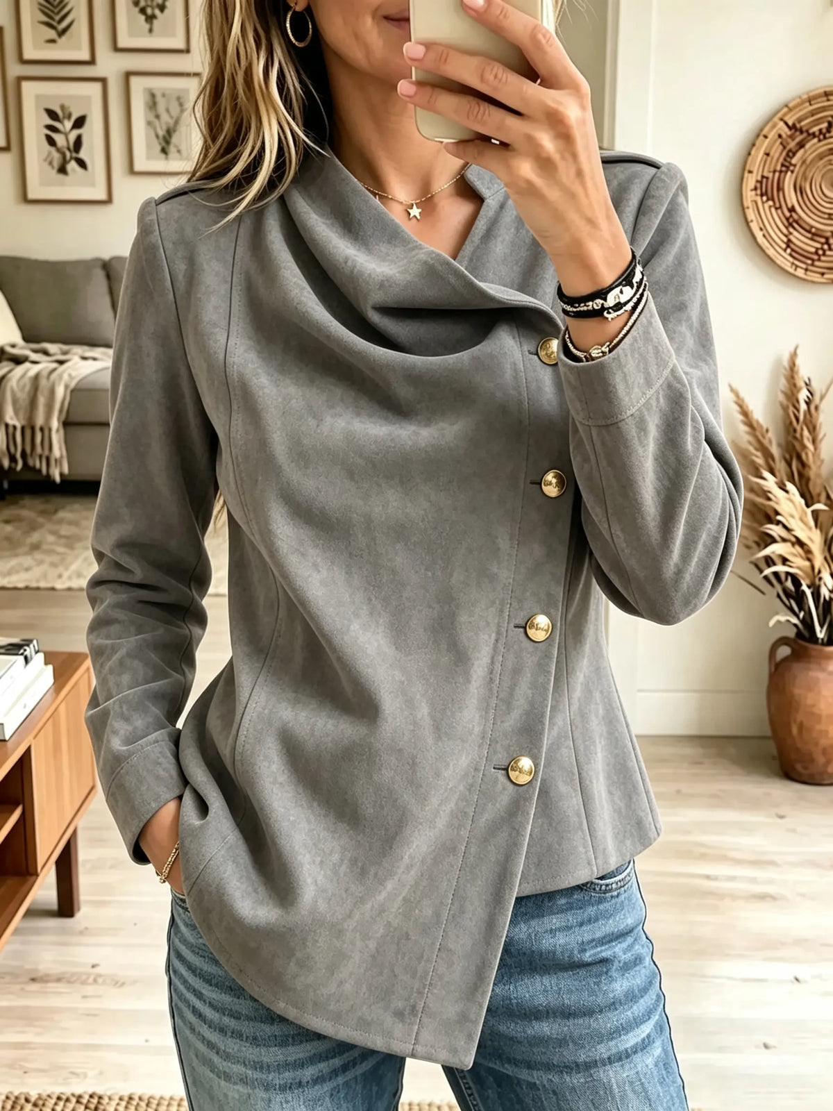 Women's Asymmetrical Button Draped Faux Suede Blouse