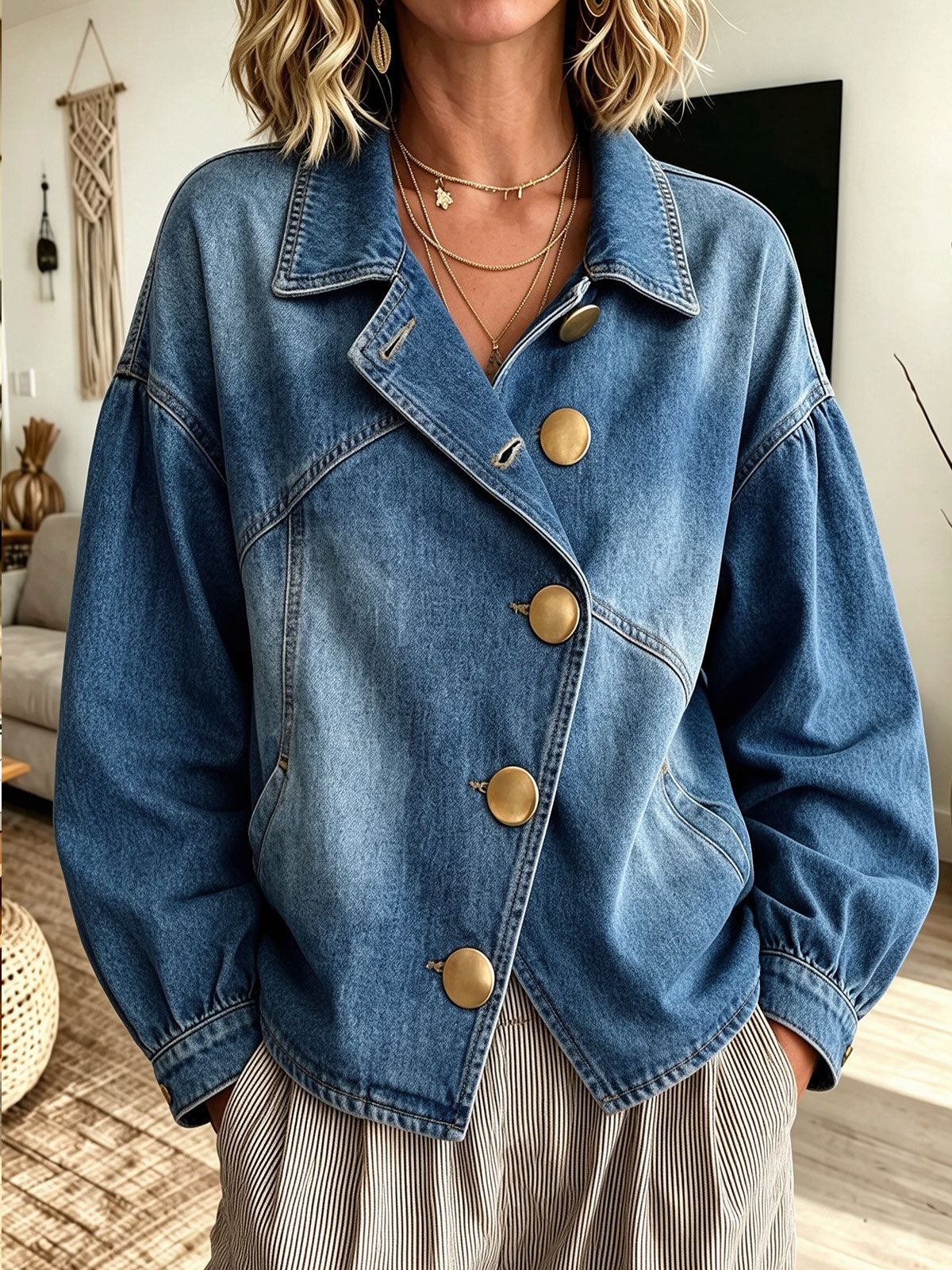 Women's Oversized Puff Sleeve Denim Jacket, Lapel Big Gold Button Casual Jean Coat