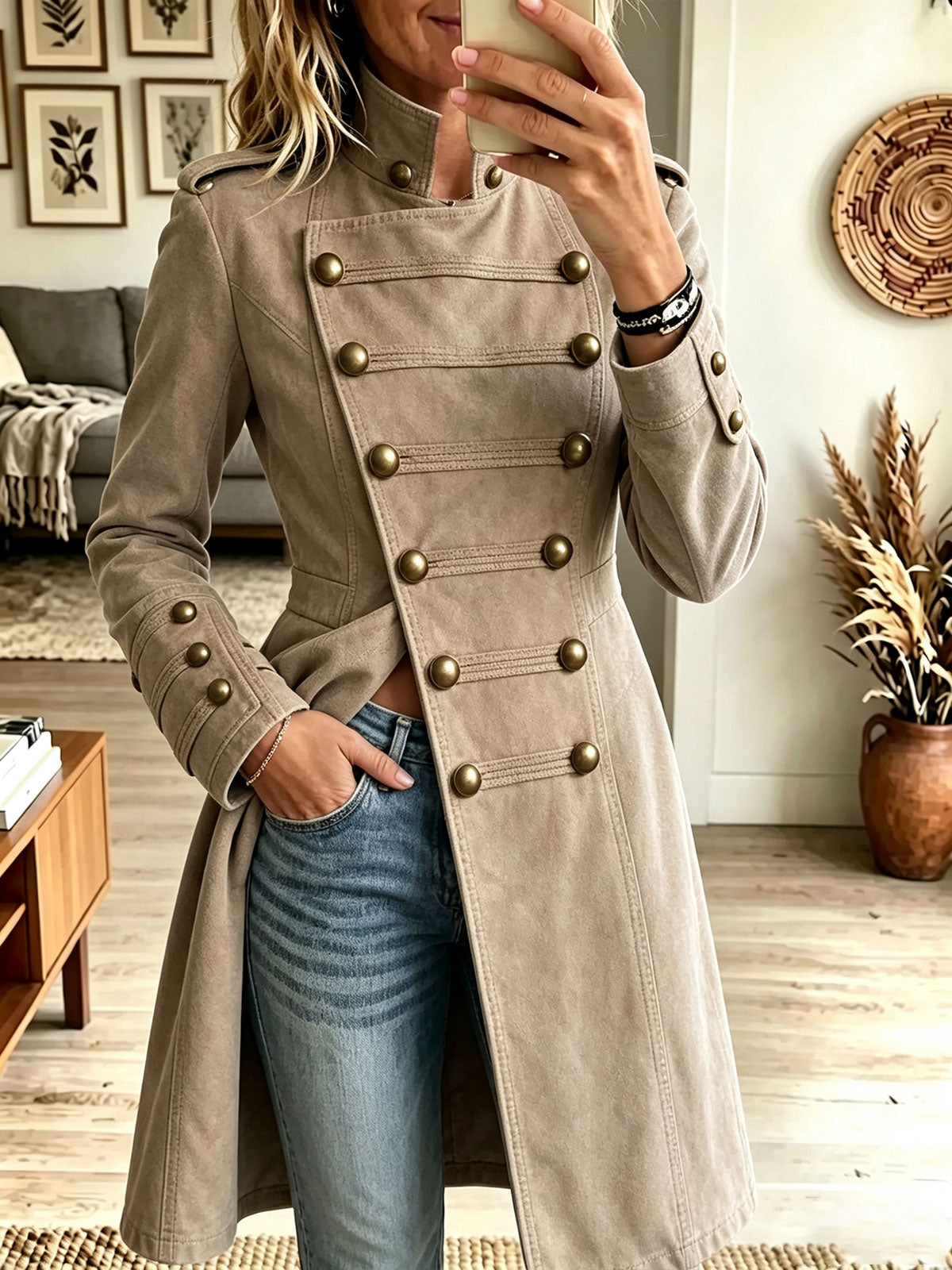 Women Khaki Faux Suede Double Breasted Military Style Long Coat
