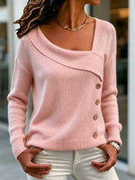 Women Lavender Asymmetric Off Shoulder Button Decor Knit Sweater