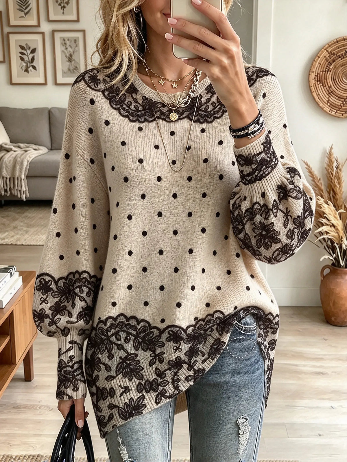 Women's Lace Trim Polka Dot Slouchy Sweater