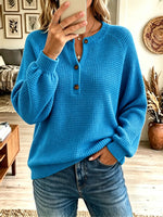 Women's Waffle Knit Henley Sweater, Long Sleeve Button V Neck Loose Pullover