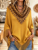 Women's Leopard Print Turtleneck Tassel Knit Cape Top