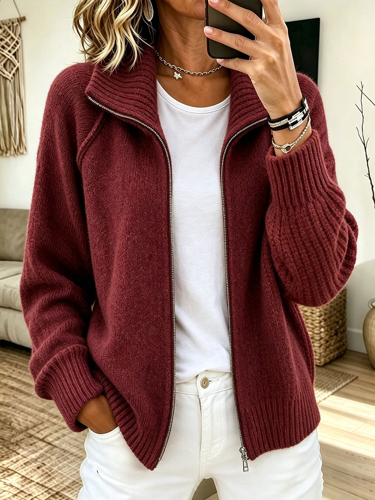 Women Stand Collar Full‑Zip Raglan Sleeve Chunky Knit Cardigan Jacket