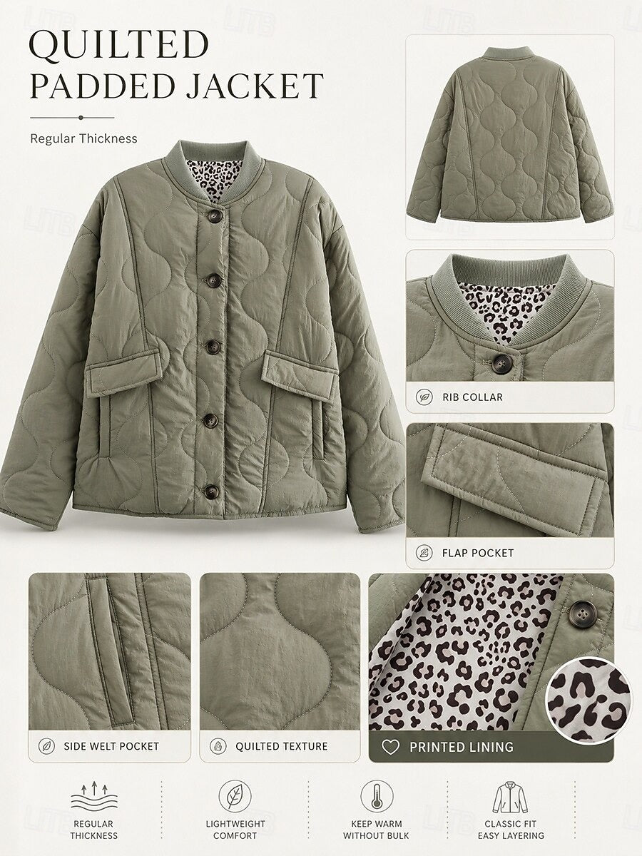 Women's Stand Collar Quilted Jacket, Leopard Print Cuff Reversible Lightweight Button Down Coat