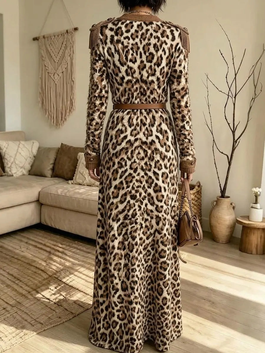 Women's Leopard Print Long-sleeve V-neck Cardigan Long Dress(Belt not included)