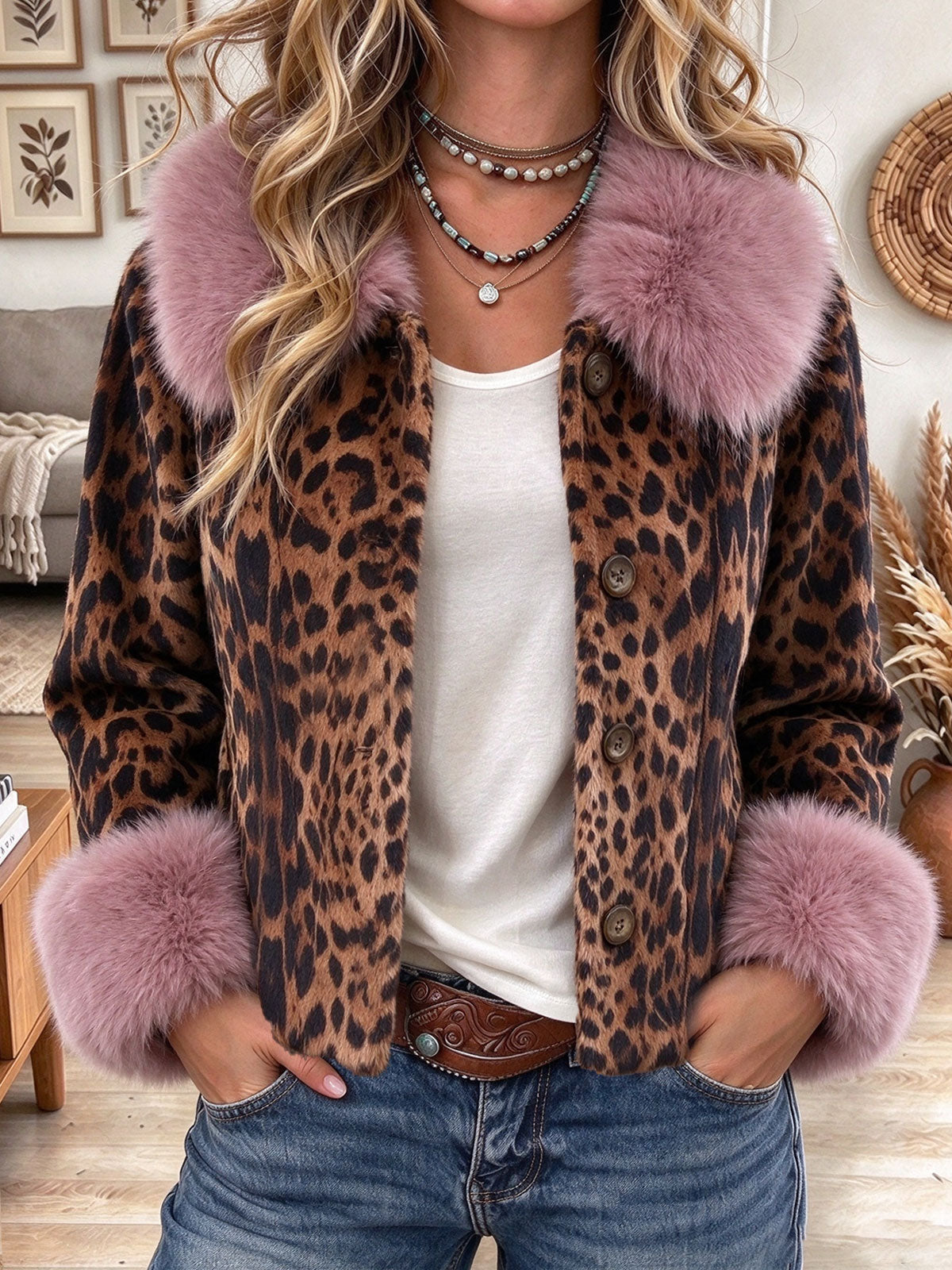 Women's Leopard Print Winter Coat with Pink Fux Fur Collar and Cuffs