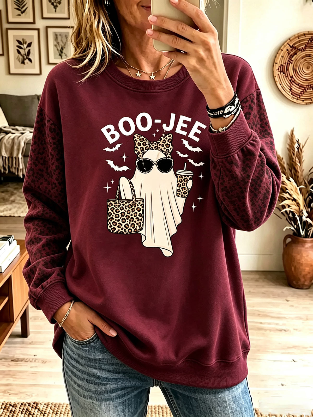 Women Boo-Jee Ghost Leopard Print Sleeve Halloween Crewneck Sweatshirt