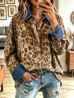 Retro Leopard Pattern Art Casual Stylish Long Sleeve Denim Patchwork Shirt