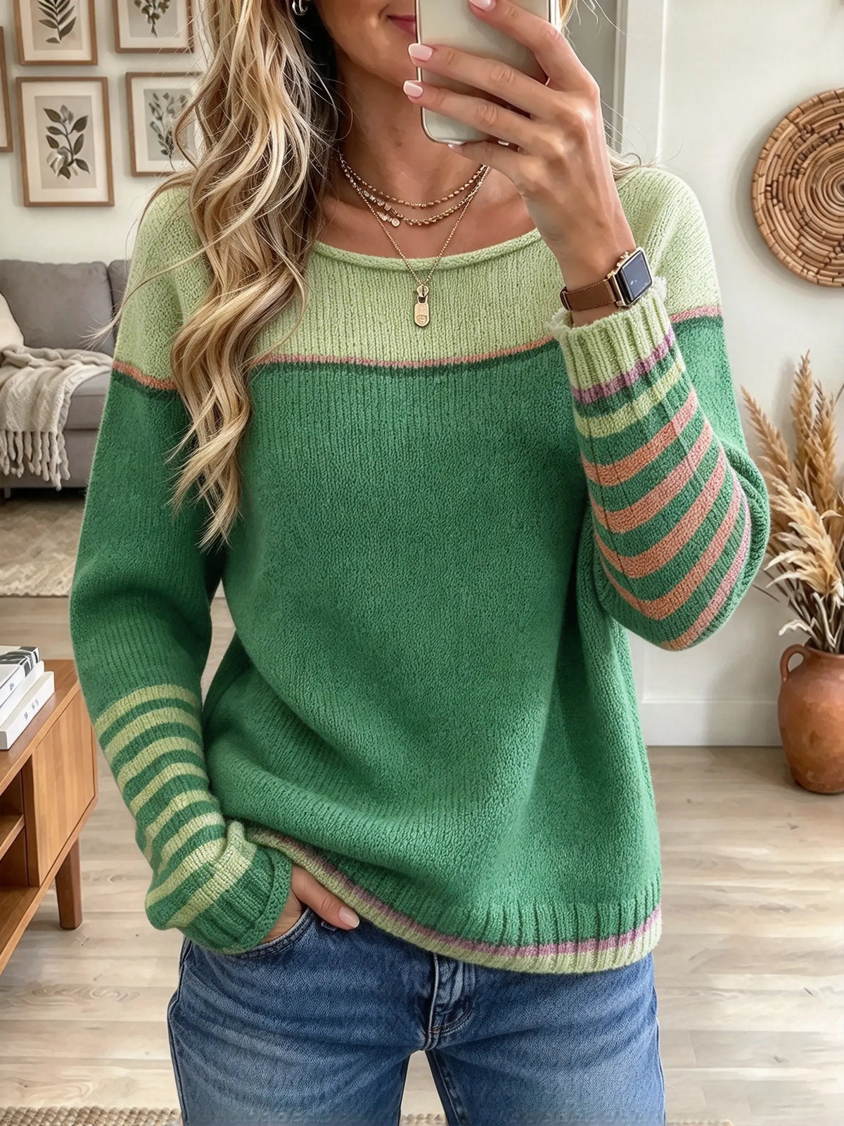 Women's Colorblock Striped Crewneck Sweater