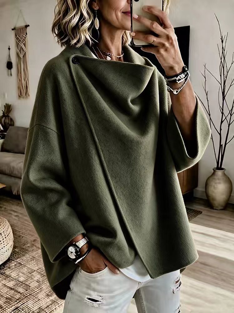 Women's Asymmetrical Button Wrap Collar Poncho Sweater