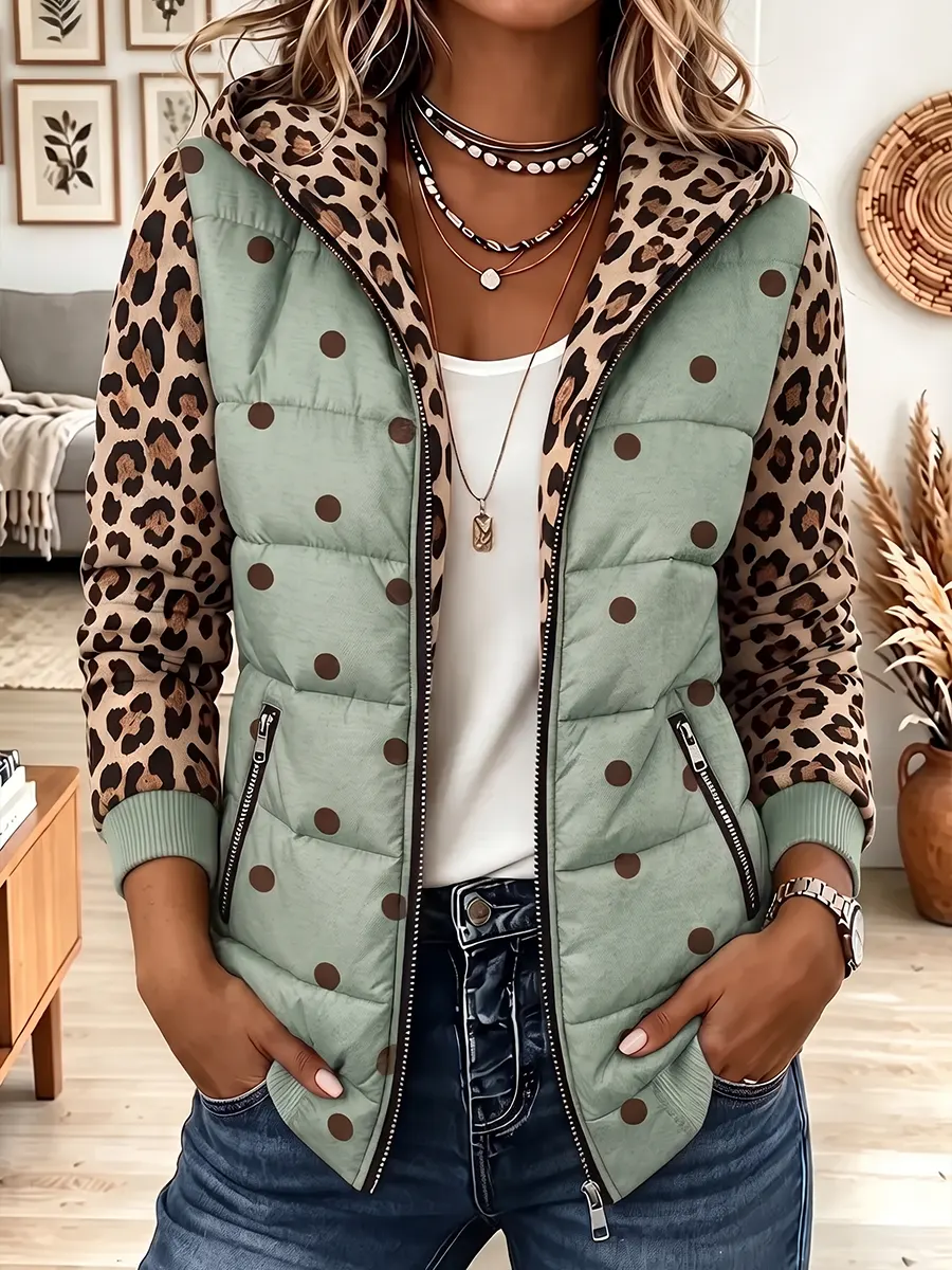 Vintage Elegant Leopard Print Patchwork Quilted Winter Jacket
