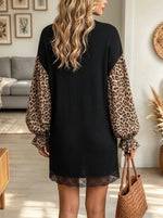 Women's Leopard Sleeve Lace Hem Dress