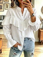 Vintage Ruffle Stand Collar Art Casual Stylish Long Sleeve Cotton Shirt