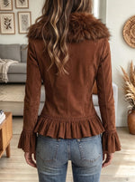 Women's Faux Fur Collar Suede Zip Jacket