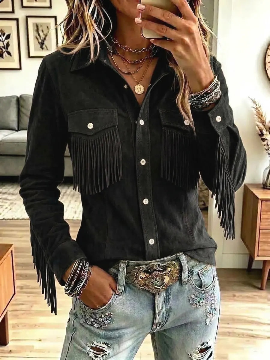 Retro Western Fringe Art Casual Stylish Long Sleeve Suede Coat