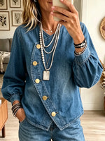 Women's Asymmetrical Gold Button Denim Blouse