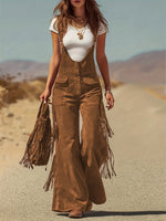 Women Brown Corduroy Fringe Flare Overalls Jumpsuit
