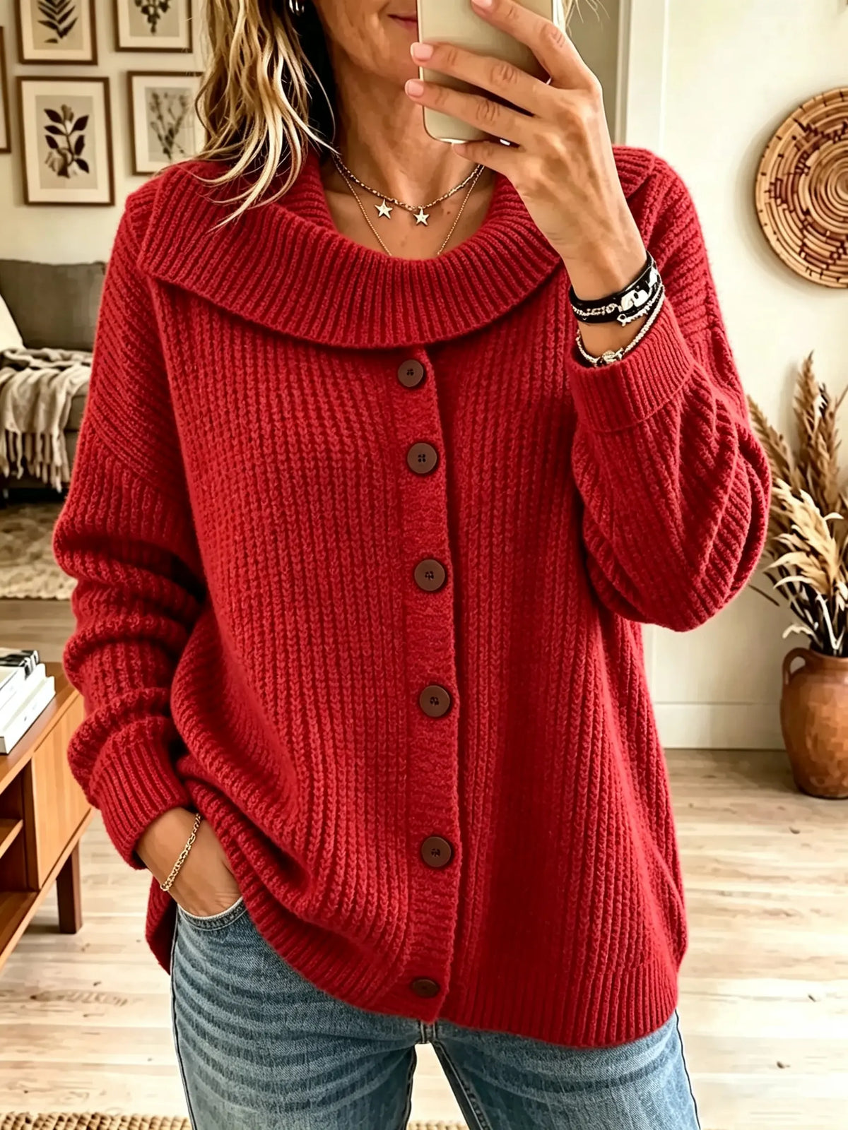 Women's Foldover Shawl Collar Button Knit Cardigan