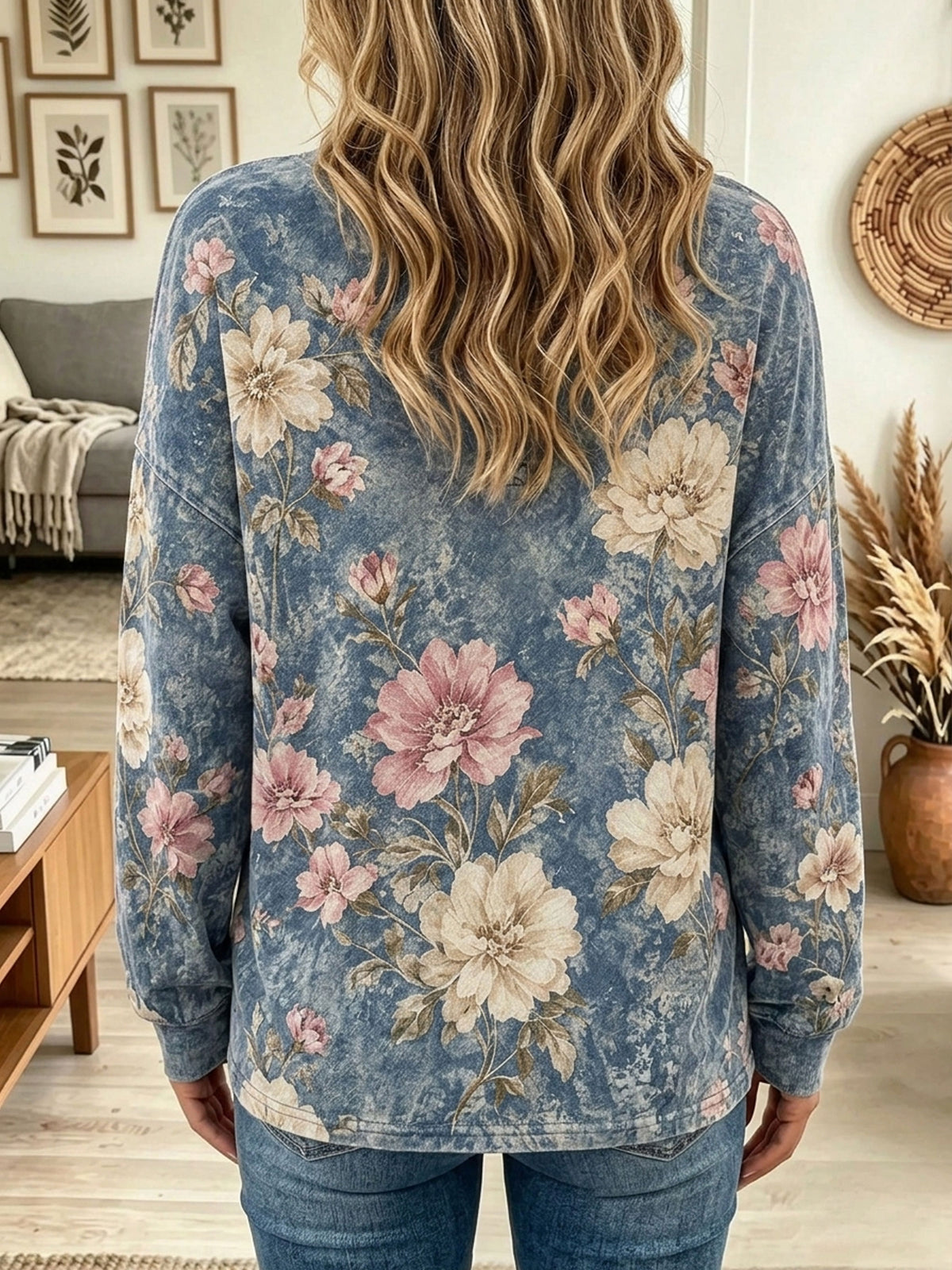 Vintage Floral Print Henley Long Sleeve Sweatshirt