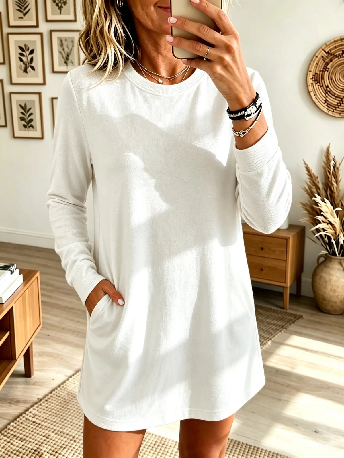 Women's Long-Sleeve Crewneck Fleece Tunic Sweatshirt Dress