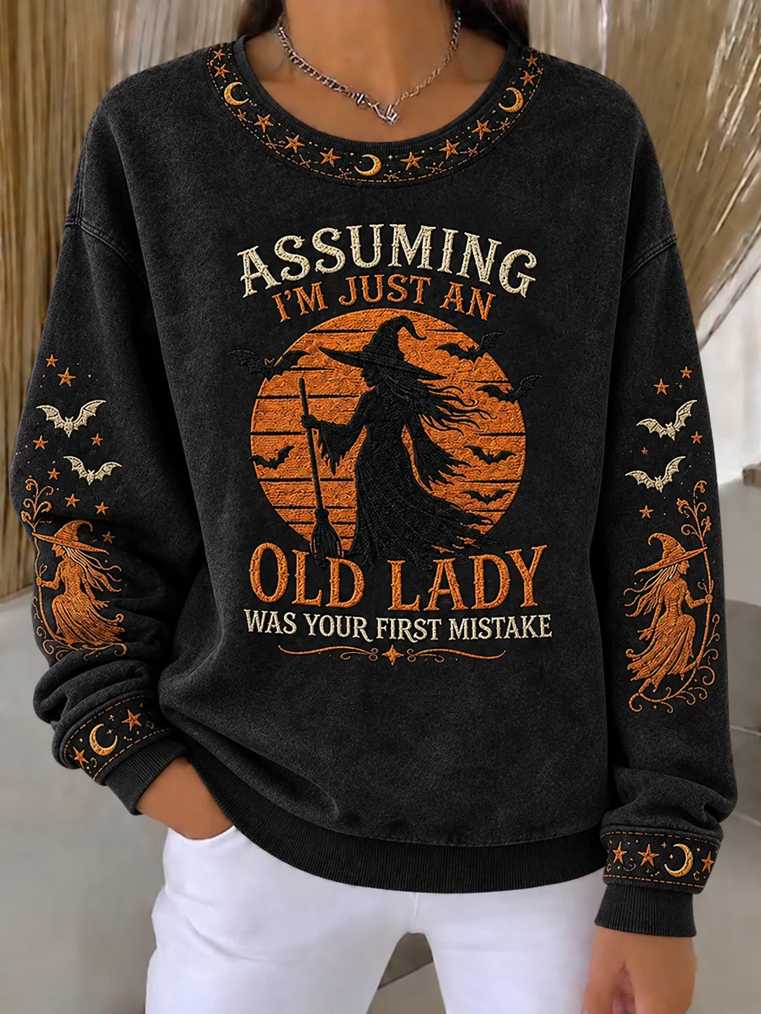 Women's Vintage Washed Halloween Witch Graphic Sweatshirt, Bat Moon Star Print Long Sleeve Top