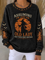Women's Vintage Washed Halloween Witch Graphic Sweatshirt, Bat Moon Star Print Long Sleeve Top