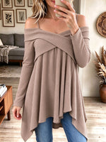 Women's Taupe Waffle Knit Off-Shoulder Asymmetric Peplum Top
