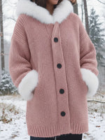 Women Blue Chunky Knit Cardigan With White Faux Fur Collar & Cuffs