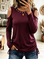 Women's Cold Shoulder Grommet Detail Long Sleeve Top, Drawstring Ruched Side Blouse