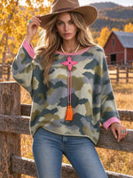 Women's Camouflage Color-blocked Print Pink Trim Crew Neck Knit Sweater