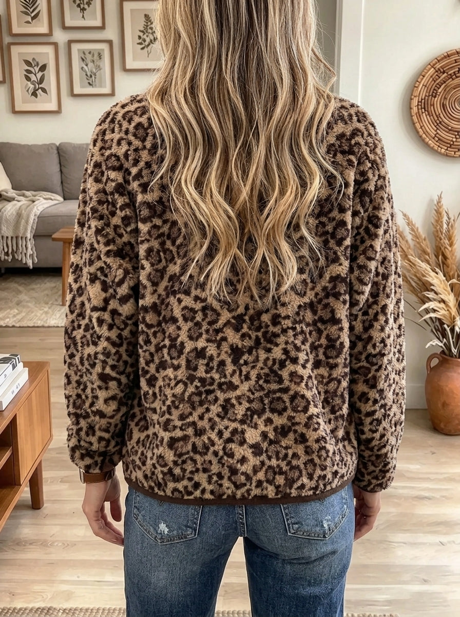Women's Leopard Crewneck Fuzzy Cardigan