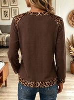 Women's Leopard Patchwork V-Neck Ribbed Knit Long Sleeve Casual Pullover Tops