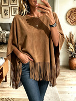Women Brown Faux Suede Fringe Batwing Sleeve Poncho Top