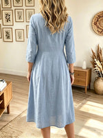 Women's V-Neck Button-Down Flap Pocket Linen Midi Dress
