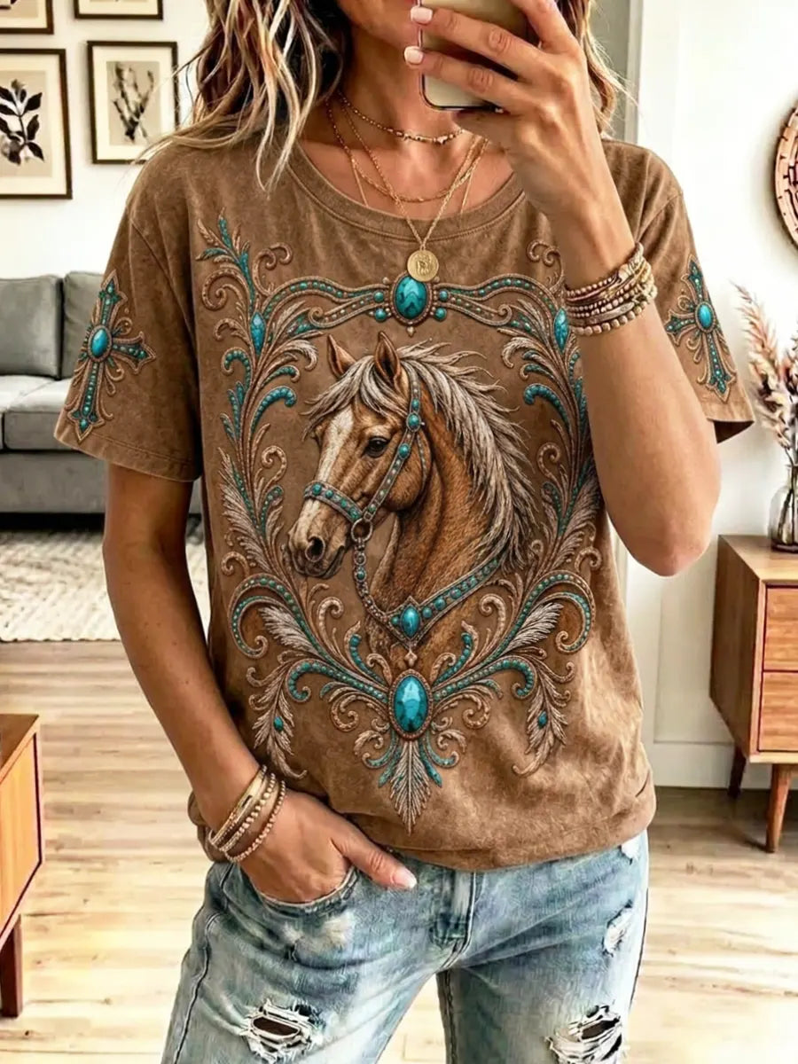 Retro Western Horse Pattern Art Stylish Short Sleeve T-shirt