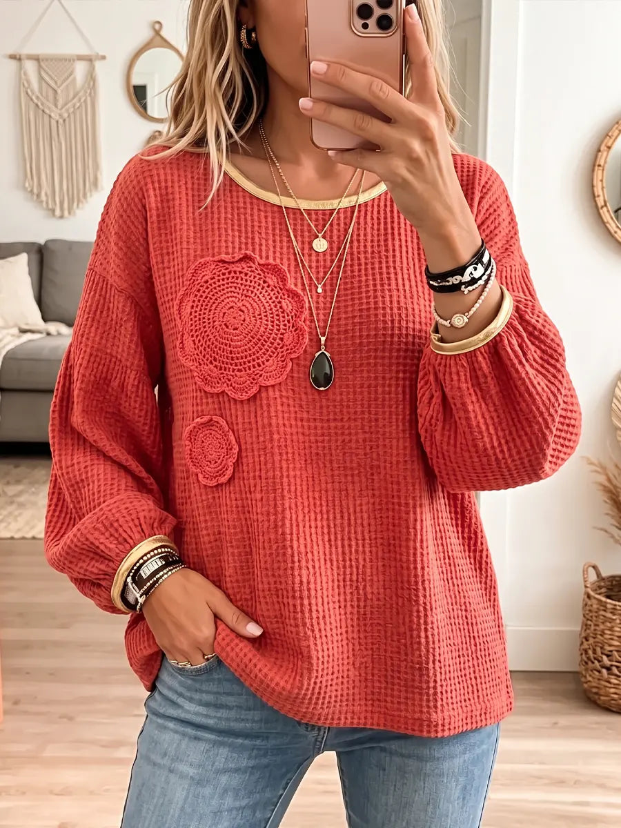 Women's Vintage Elegant Waffle Gold Trim Crochet Flower Shirt