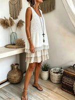 Women Solid Lace Spliced Tiered Sleeveless Mini Dress