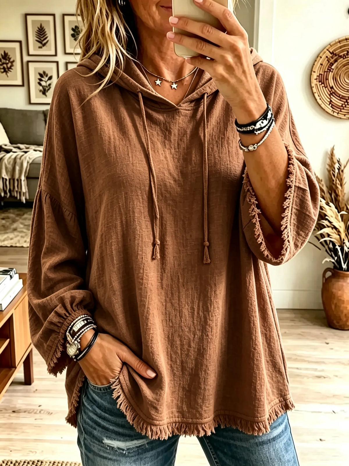 Women's Frayed Hem Lightweight Hooded Poncho Top
