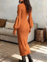 Vintage Elegant Zippered Knit Stand Collar Lantern Long Sleeve Slit Dress