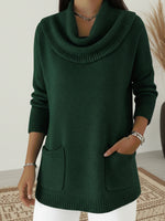 Women Cowl Neck Pockets Drop Shoulder Loose Knit Sweater