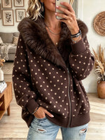 Women's Faux Fur Collar Polka Dot Zip Jacket