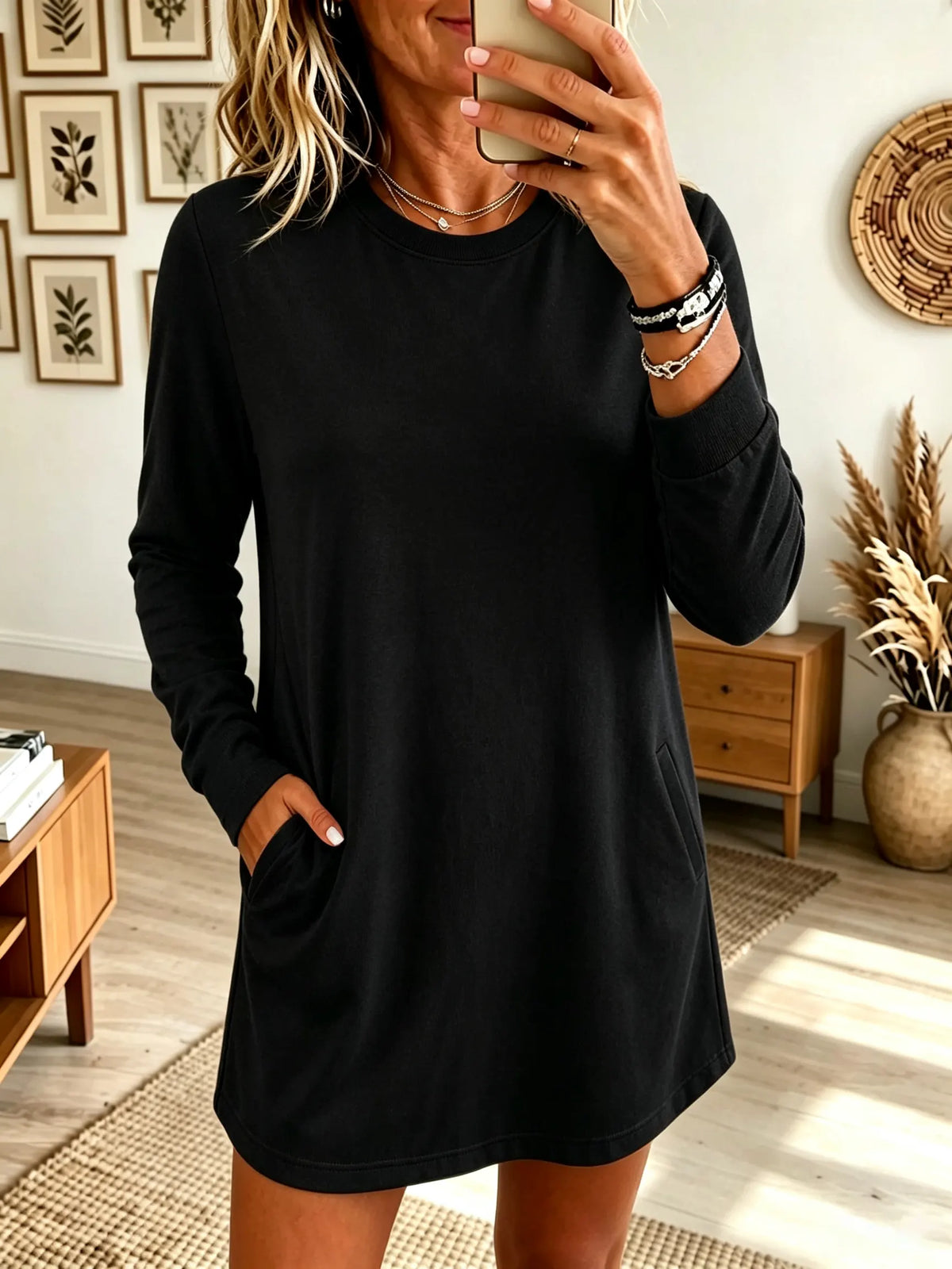 Women's Long-Sleeve Crewneck Fleece Tunic Sweatshirt Dress
