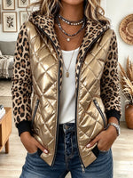 Women's Metallic Gold Quilted Puffer Jacket with Leopard Print Hood and Trim