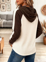 Vintage Elegant Waffle Knit Patchwork Drawstring Zipper hood Shirt